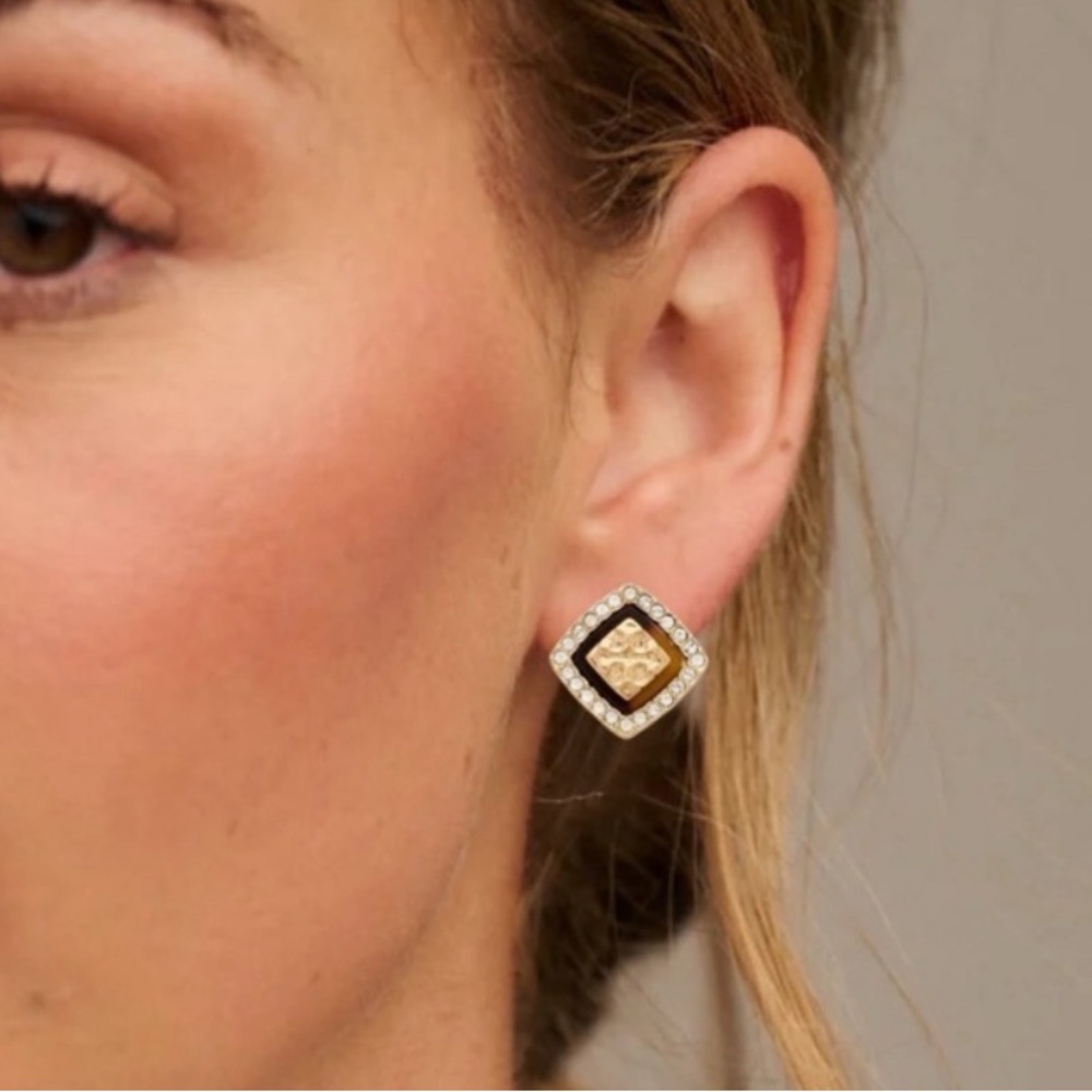 Tory Burch tortoise crystal McCoyLogo stud earrings - Picture 2 of 7